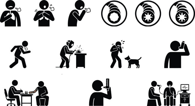 Respiratory disease symptoms icons set featuring asthma inhalers coughing people medical diagnostic testing and occupational health safety hazard symbols