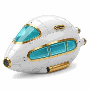 Futuristic Spacecraft Design Concept in Aerodynamic Shape with Gold Accents and Teal Windows in a Sleek Sophisticated Environment from a Frontal Viewpoint