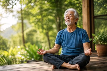 Obraz premium Senior Asian man meditating outdoors on wooden deck