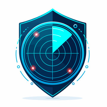 Shield Emblem Featuring Technology and Protection Elements in Blue and Teal Colors with Red Accents Representing Futuristic Surveillance