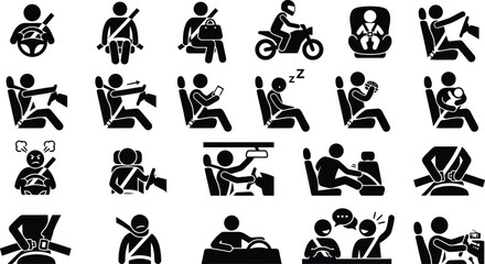 Obraz premium Seatbelt safety icons set featuring diverse car passenger behaviors and driving scenarios in a simple flat black vector design style