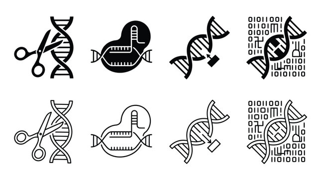 Set of gene editing icons, crispr technology, dna modification, genetic engineering, molecular biology, vector illustration