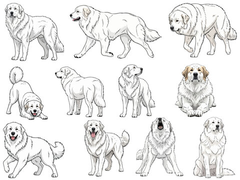 Great Pyrenees dog 12 profile poses collection vector illustration