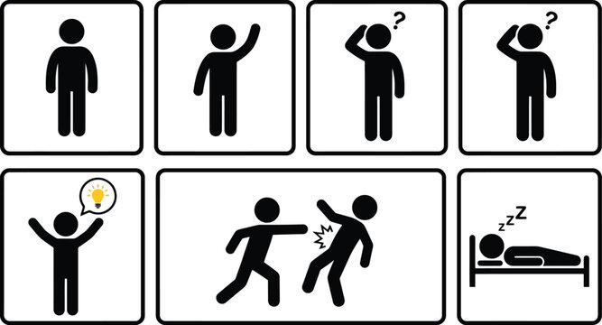 Pictogram icons set showing stick figure people in various poses including standing waving thinking fighting ideas and sleeping actions