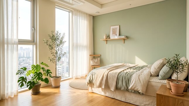 A serene bedroom scene with a bed, plants, and natural light pouring in through large windows in a cozy home interior with soft cushions and a calming ambiance.