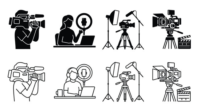 Set of video production icons, including videographer, vlogger, studio lighting, professional camera, and film clapperboard, vector illustration
