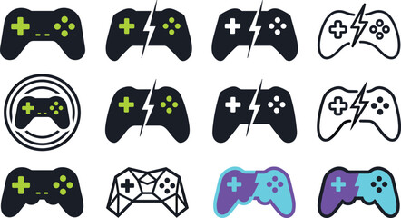 Game controller joystick icon set for gaming console esports entertainment lightning geometric competition player wireless vector © MstLaky