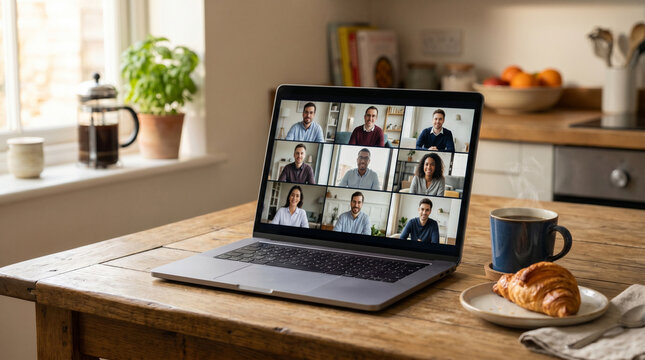 Remote workers on video call with colleagues on laptop in kitchen