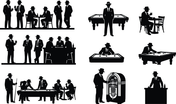 Classic Billiards Hall and Social Club Silhouette Set with Pool Players Gaming and Entertainment Scenes