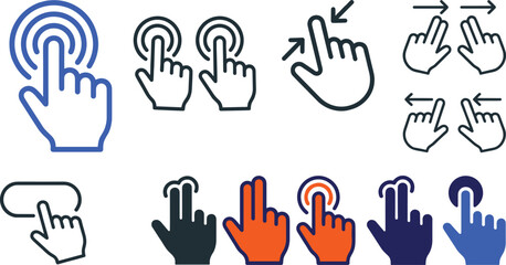 Fototapeta premium Hand touch gesture icon set for mobile interface screen interaction tapping scrolling swiping clicking fingers pointer vector