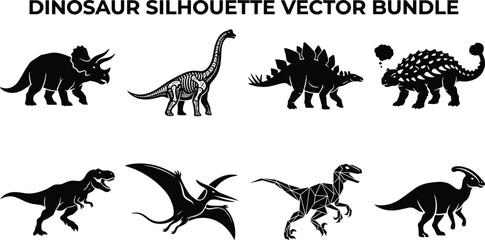 Dinosaur Silhouette Vector Bundle Featuring Triceratops Tyrannosaurus Stegosaurus Velociraptor Pterodactyl and Sauropod Illustrations © Aminur