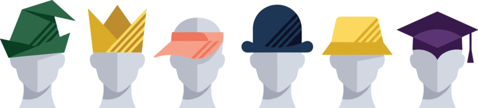 Origami paper folding hats on mannequin heads vector flat illustration set featuring creative folded crown graduation cap bucket hat visor and bowler hat icons