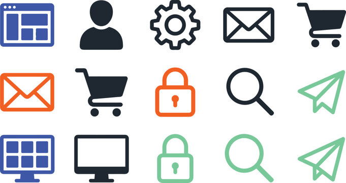 Website interface e-commerce icon set for online shopping cart security search mail user settings business vector layout