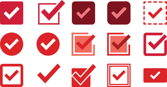 Red check mark icon set for checkmarks vote choice options success survey business agreement and completed tasks