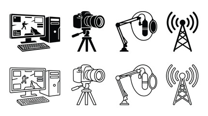 Set of gaming and streaming icons, including computer with game, camera on tripod, microphone on boom arm and radio tower, vector illustration © Hikari Vector Studio