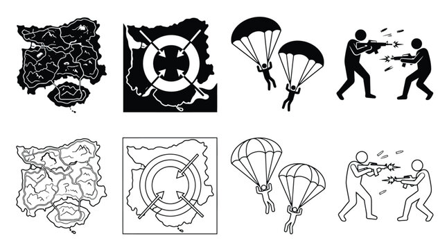 Battle royale game icons set, including map, parachute drop, and combat shooting figures, vector illustration
