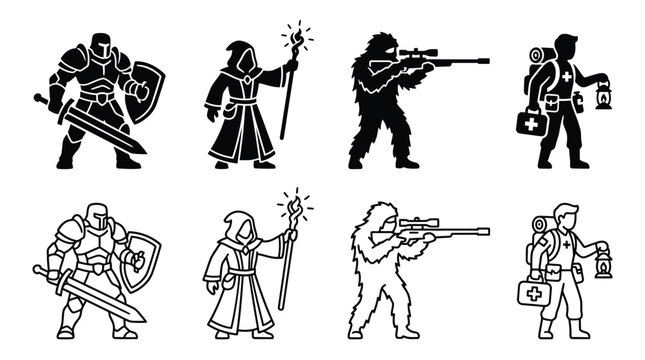 Set of fantasy and adventure character icons, including a knight, wizard, sniper, and explorer