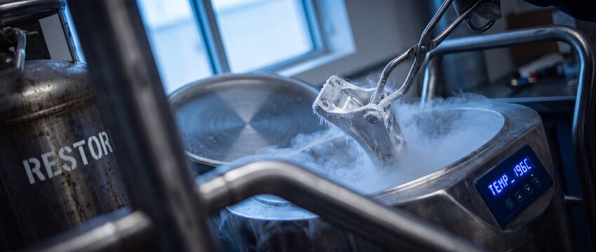 Liquid nitrogen cryogenic metal hardening process with industrial machinery tempering steel components in laboratory cooling tanks at sub-zero temperatures for engineering strength and physics design.