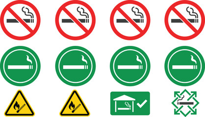 No smoking restriction and smoking area sign vector icon set featuring circular badges warning triangles and shelter © MstLaky