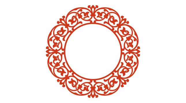 Vintage red circular frame with intricate floral filigree, ornate damask border vector, classic baroque mandala element for luxury wedding invitations