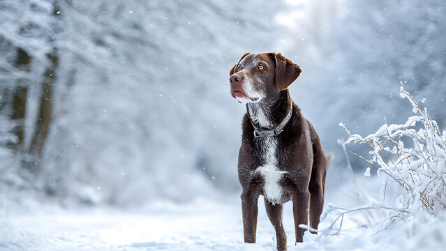 Alert Brown Dog with Piercing Amber Eyes Watches Snow Fall in a Wintry Forest