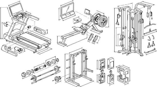Isometric gym equipment line icon set. Treadmill, rowing machine, cable crossover pulse tower, smith machine, power rack, and barbell blueprint vector elements for fitness studio design.
