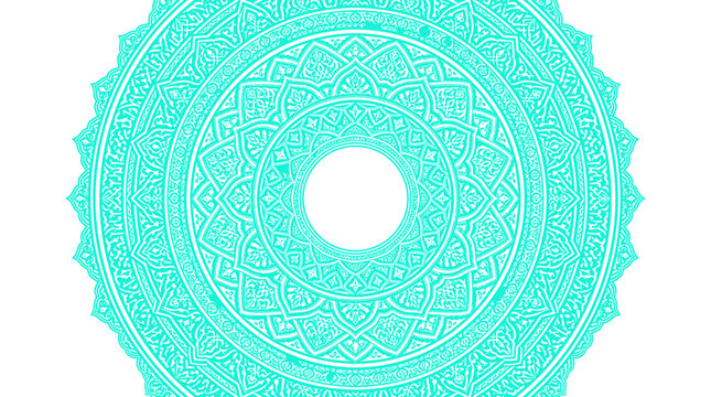 Turquoise mandala vector illustration, intricate teal circular pattern with floral details, bohemian spiritual ornament for meditation and yoga design