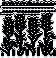 Fototapeta premium Stylized black and white illustration of abstract wheat stalks with bold outlines standing in a field beneath a patterned sky, minimalist vector emblem for agriculture and harvest