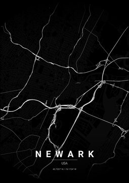 Modern Newark City Map Poster Design, Noir Style Urban Street Grid Cartography
