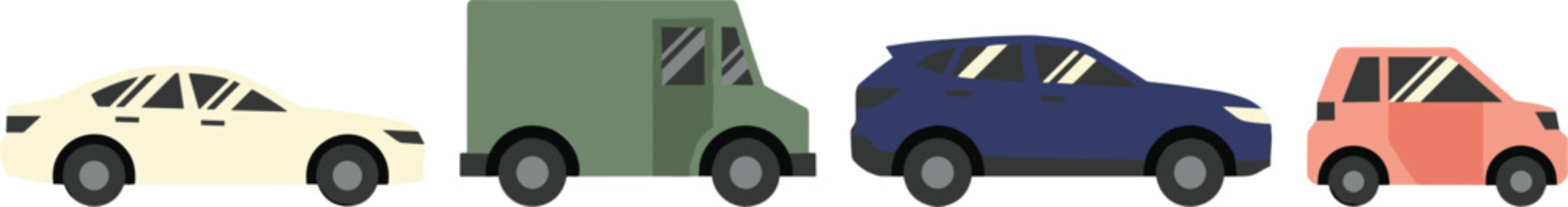 Urban city transport vehicles vector flat icon set featuring side view automobile illustrations like passenger sedan delivery van crossover suv and micro compact car
