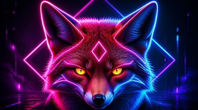 Neon fox head illustration with vibrant pink and blue lights.