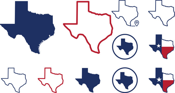 Texas state map silhouette emblem vector icon set featuring geographic borders location pins shields flags and textures