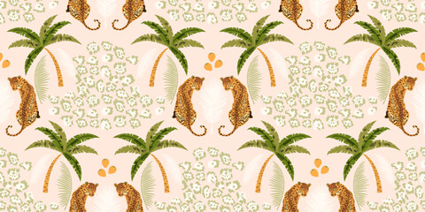 Seamless tropical leopard pattern with palm trees and exotic jungle foliage. Leopard skin print background warm pastel tones design. Home interior for textiles, wallpaper, wrapping paper, backgrounds © LilaloveDesign