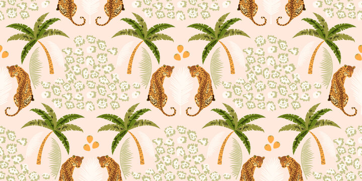 Seamless tropical leopard pattern with palm trees and exotic jungle foliage. Leopard skin print background warm pastel tones design. Home interior for textiles, wallpaper, wrapping paper, backgrounds