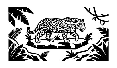 Majestic Jaguar Jungle Wildlife Black White Vector Illustration © MdSadhon