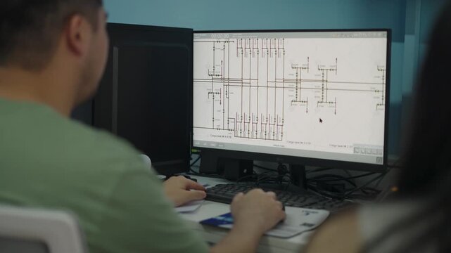 Monitor con software de control y supervisi&oacute;n industrial mostrando diagramas el&eacute;ctricos, paneles digitales, botones, indicadores, automatizaci&oacute;n, ingenier&iacute;a y monitoreo de procesos