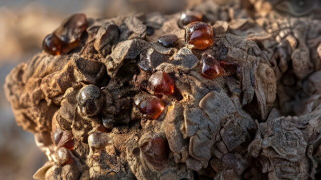 Rough tree bark with glistening dark amber resin droplets.