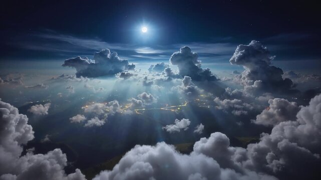 Flying above moonlit cloudscape panorama, beautiful night aerial cloud timelapse, bright full moon shines through moving animated cumulus clouds with peaceful light rays, night city lights.