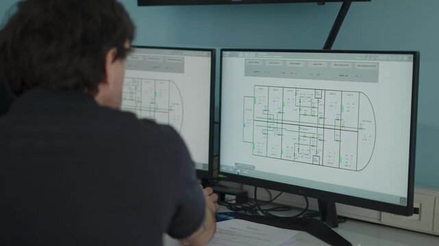 Monitor con software de control y supervisi&oacute;n industrial mostrando diagramas el&eacute;ctricos, paneles digitales, botones, indicadores, automatizaci&oacute;n, ingenier&iacute;a y monitoreo de procesos