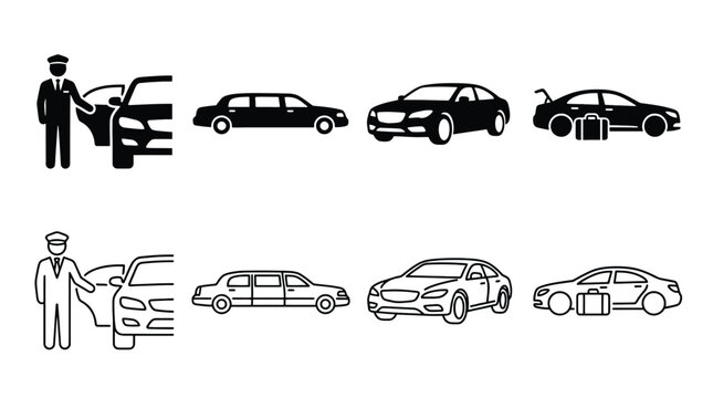 Set of chauffeur and limousine icons, vector illustration of professional driver service and luxury car transport