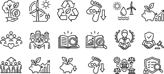 Environmental sustainability and corporate social responsibility thin line icon set for green energy business © SAFIYA