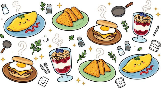 Cute breakfast food vector doodle illustration set featuring cartoon morning meals like smiley omelet breakfast sandwich hashbrowns yogurt parfait and seasoning shakers