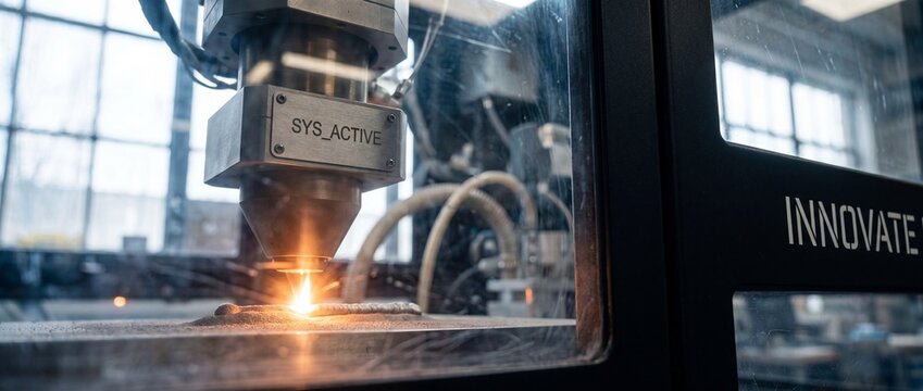 Automated CNC laser cutting machine welding metal components in futuristic industrial factory showroom, showcasing high-precision smart manufacturing technology, advanced engineering, and automation.