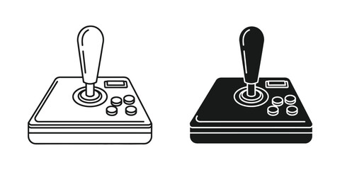 Retro arcade joystick and buttons in line art and solid fill styles on white background for gaming © NOVASTOCK