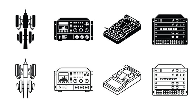 Set of telecommunication equipment icons, including cell tower, signal analyzer, fiber optic fusion splicer and network switch, linear and solid style