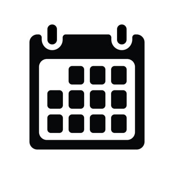 Calendar icon with border. Monthly planner silhouette or schedule organizer symbol with solid grid lines for event planning, appointment booking, and deadlines.