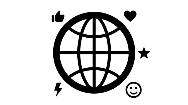 Globe icon surrounded by social media symbols represents global digital connectivity and interaction.