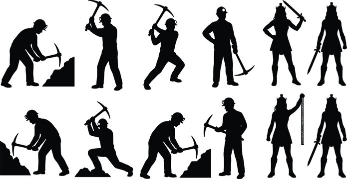 Mining Workers and Fantasy Warrior Silhouette Collection with Pickaxe Laborer and Medieval Character Icons