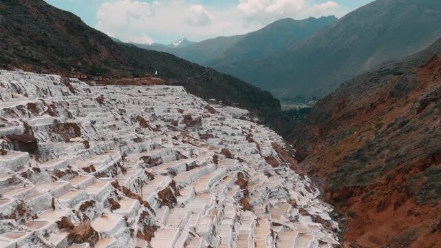Drone view of the Maras Salt Mines in Peru. Thousands of terraced salt ponds cover the mountainside in the Sacred Valley near Cusco.