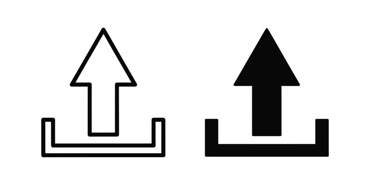 Upload icon in outline and solid black styles on white background symbolizing data transfer concept